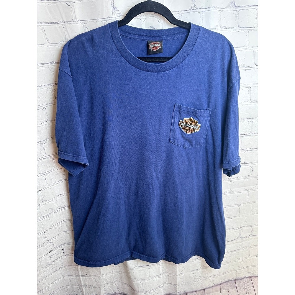 Harley-Davidson Cycles T-Shirt Pocket Tee Biker Graphic Print Blue